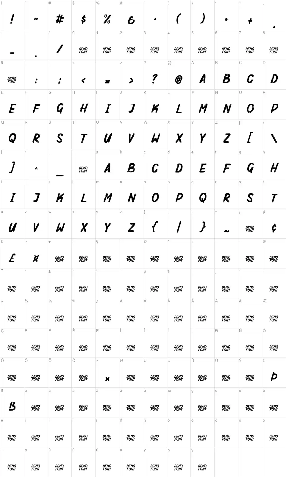 Mighty Brushfont character map