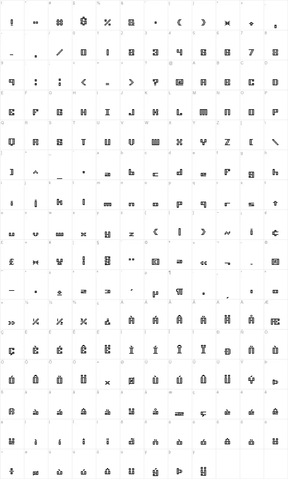Mini Kaliberfont character map