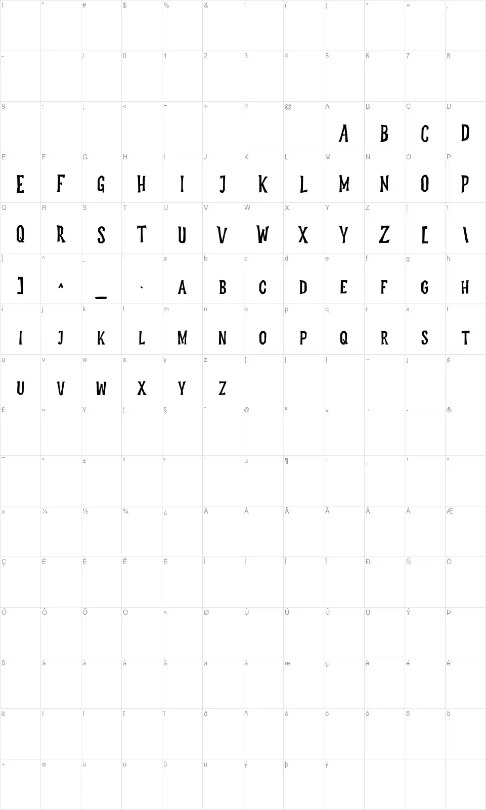 Monstafallerfont character map
