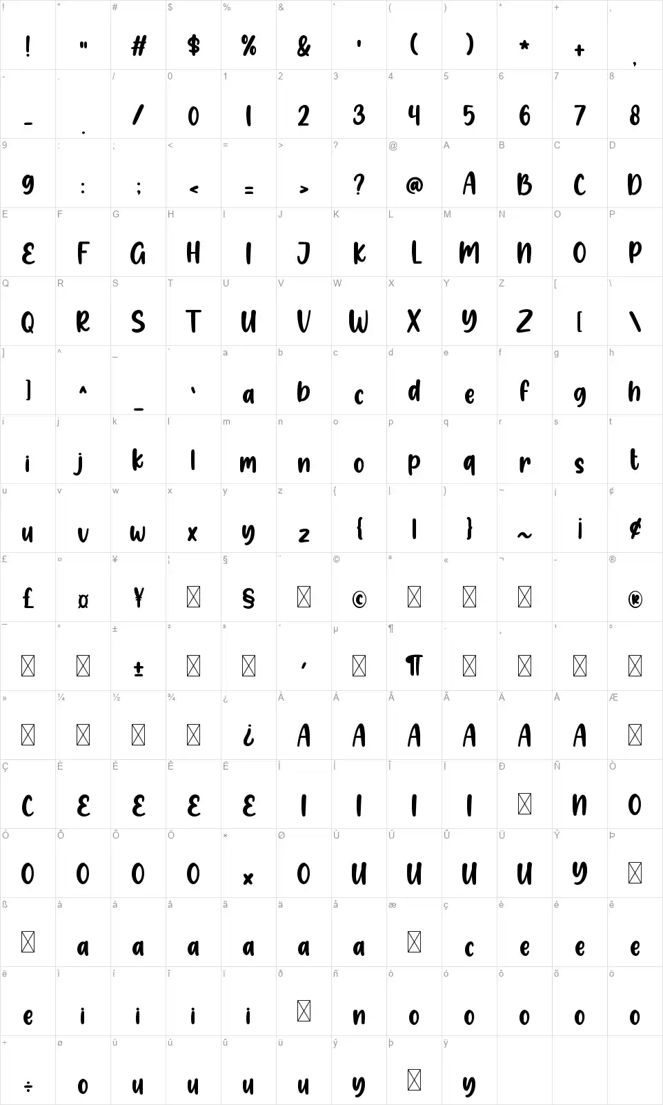 Moody Babefont character map