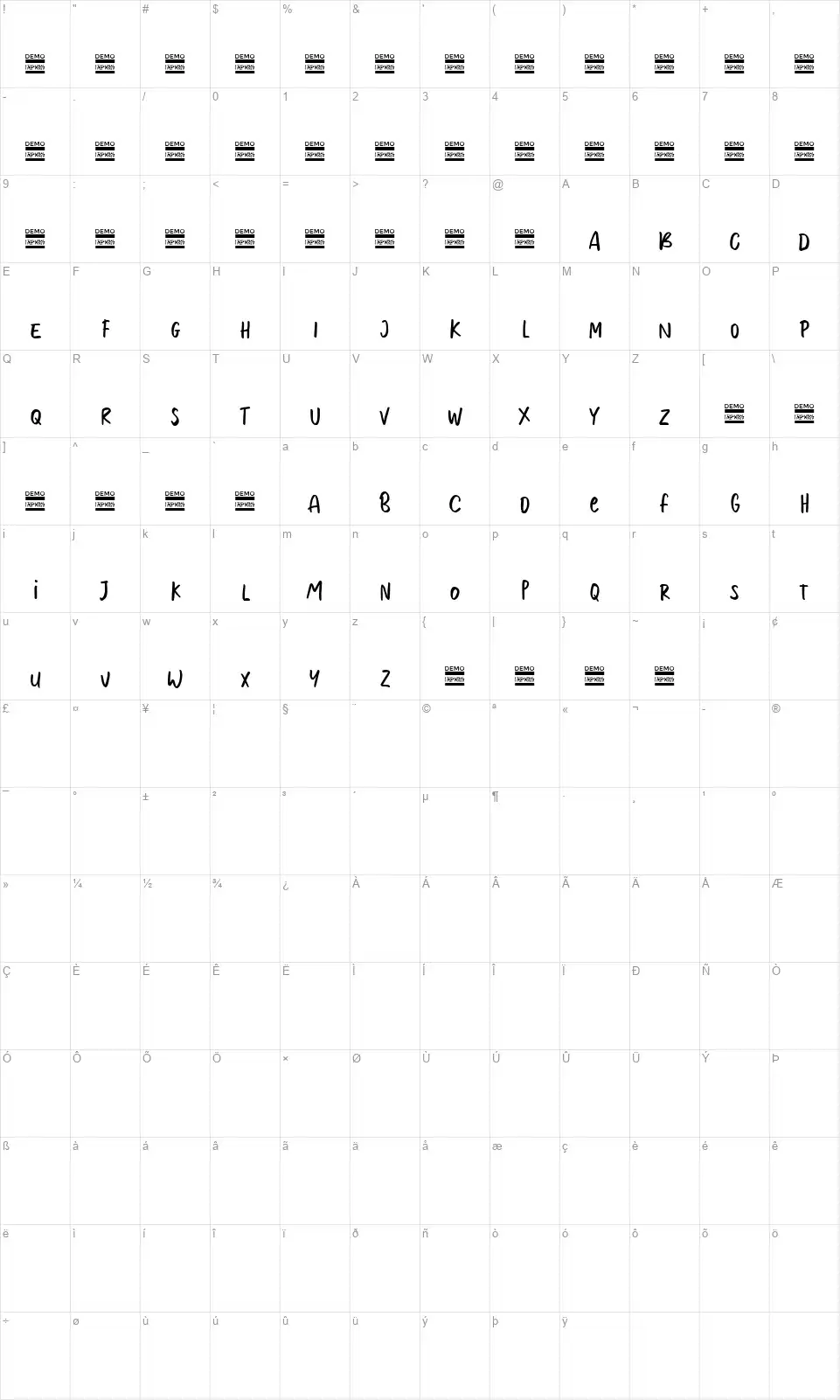Moolrysfont character map