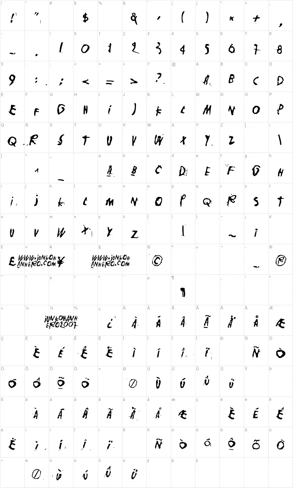 Nollapistefont character map