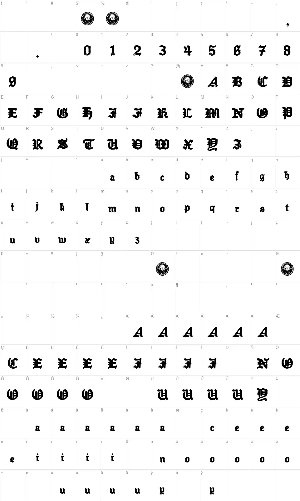 Older Dictatorfont character map