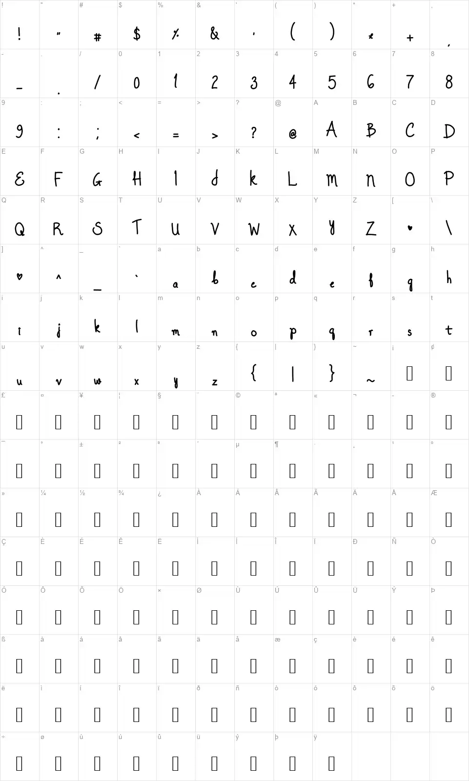 Once Upon A Dreamfont character map