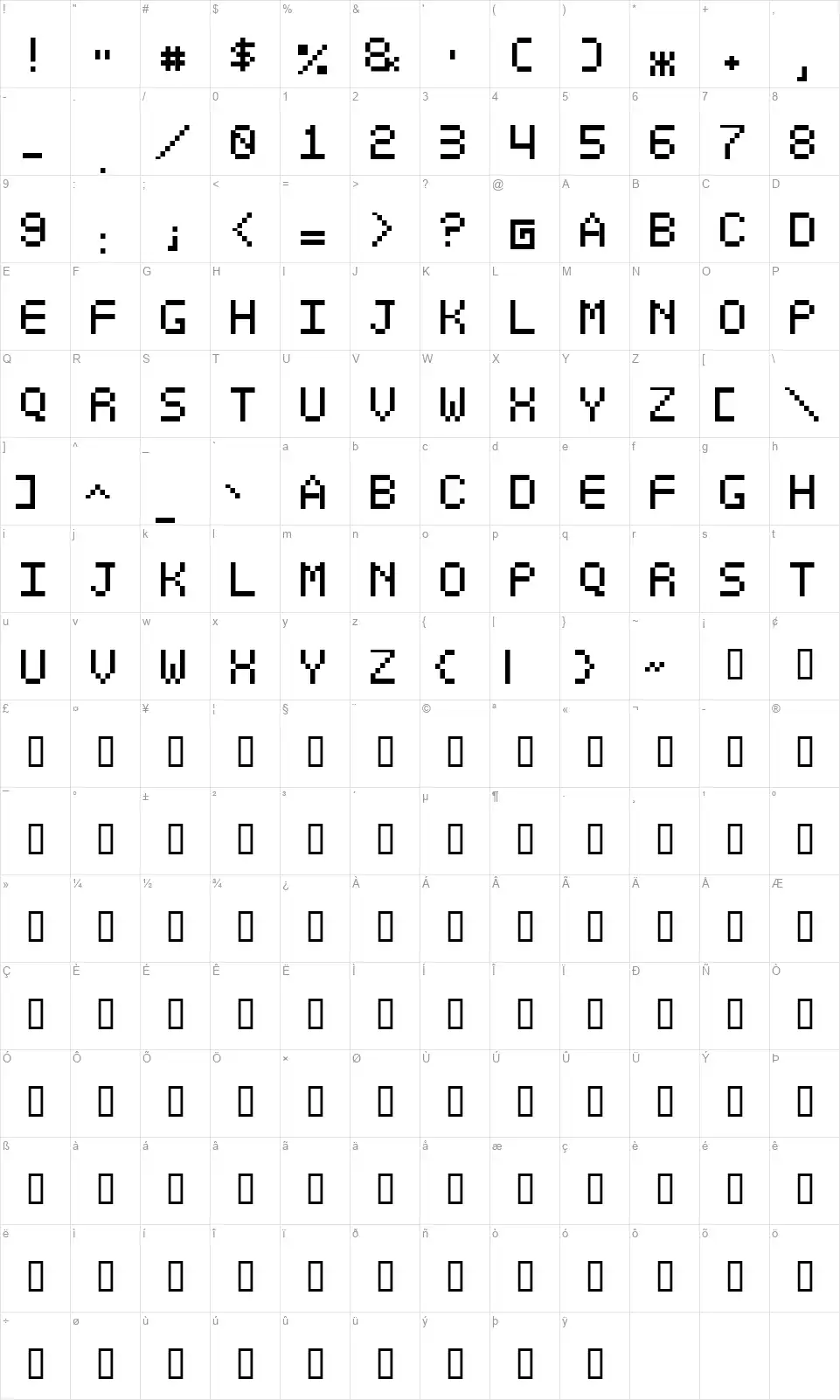 Optiatefont character map