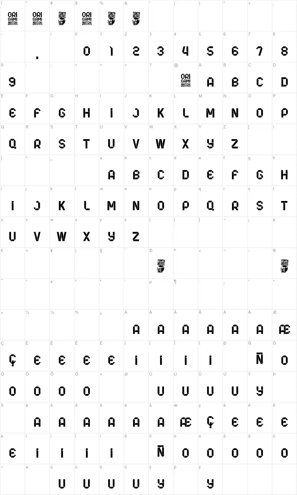Origaminatorfont character map