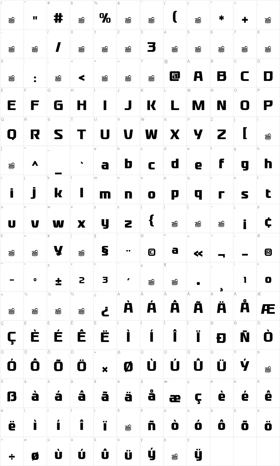 Pedal Trackfont character map