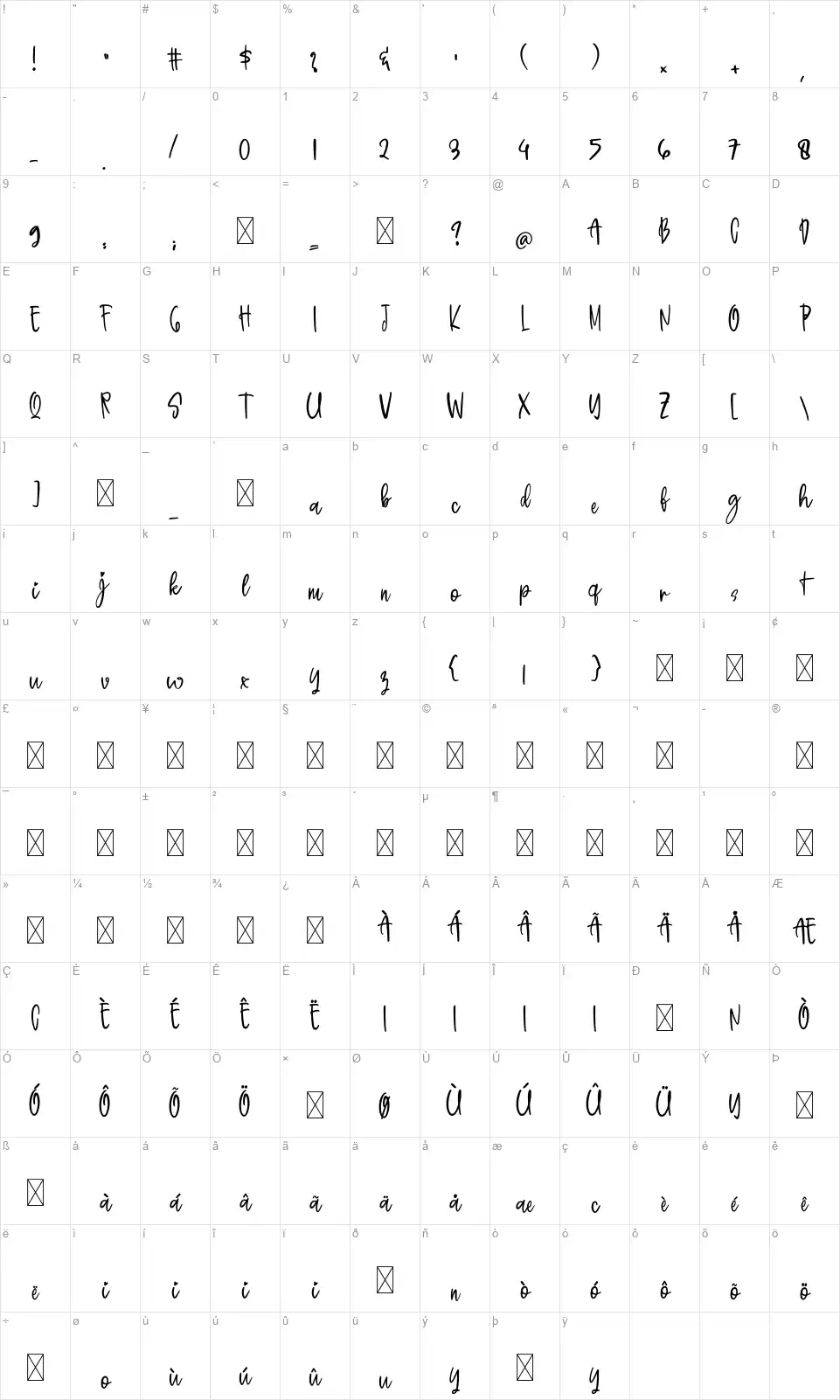 Pillowtalkfont character map