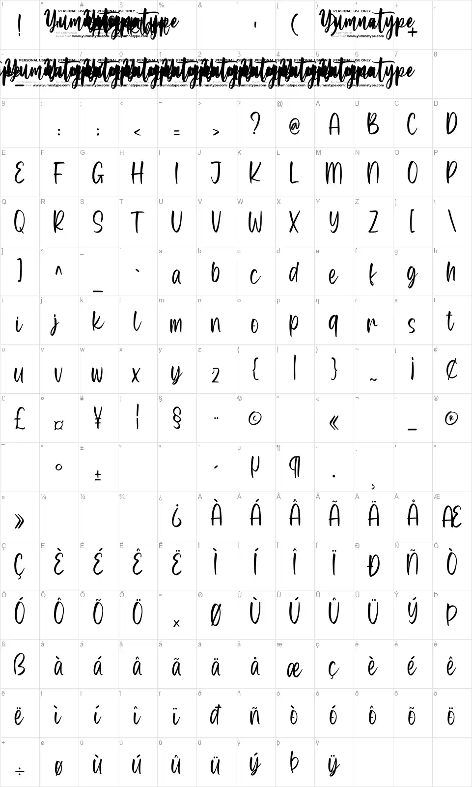 Pinktartfont character map