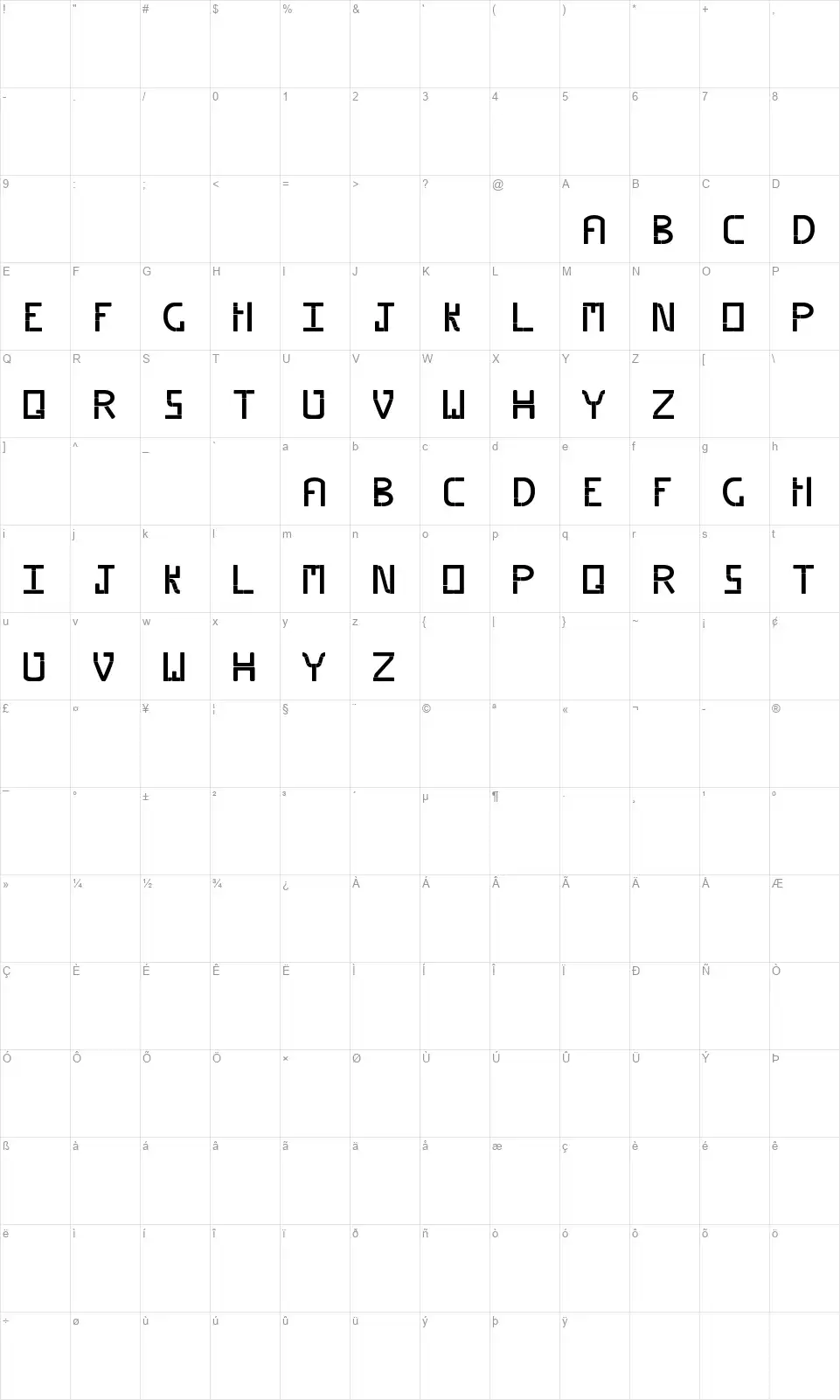 Pipedfont character map