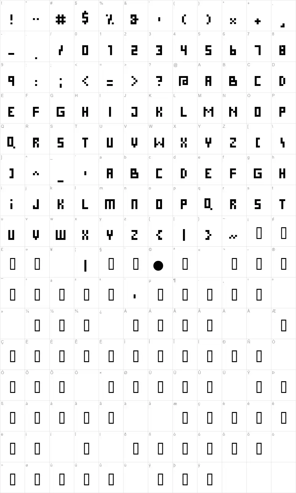 Pixiesfont character map