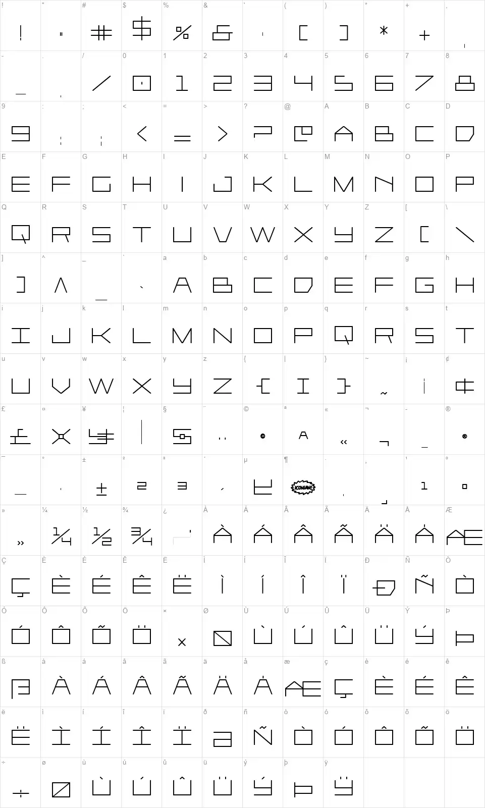 Player 1 Up Boldfont character map