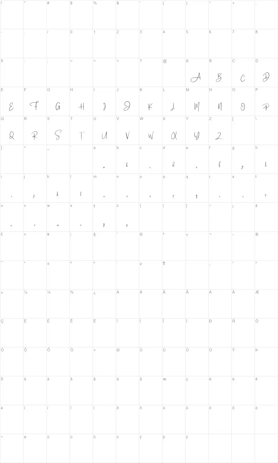 Poliessterfont character map
