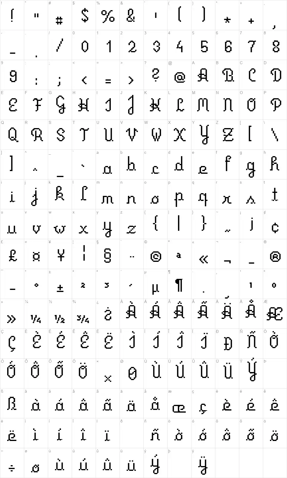 Primus Scriptfont character map