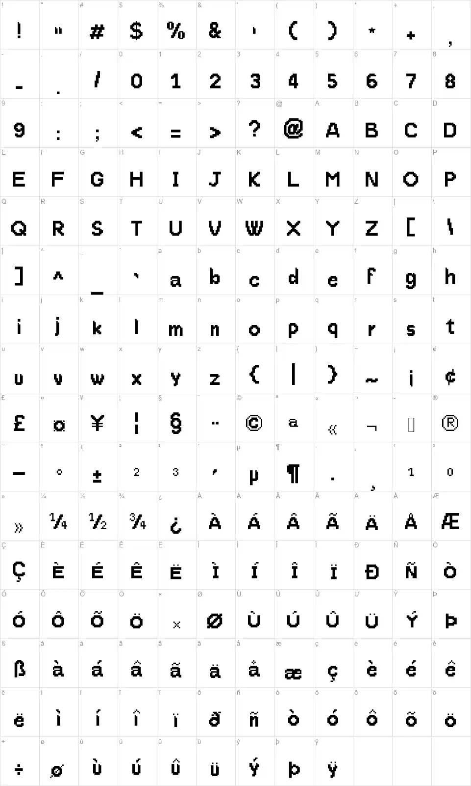 ProtoPixel1font character map