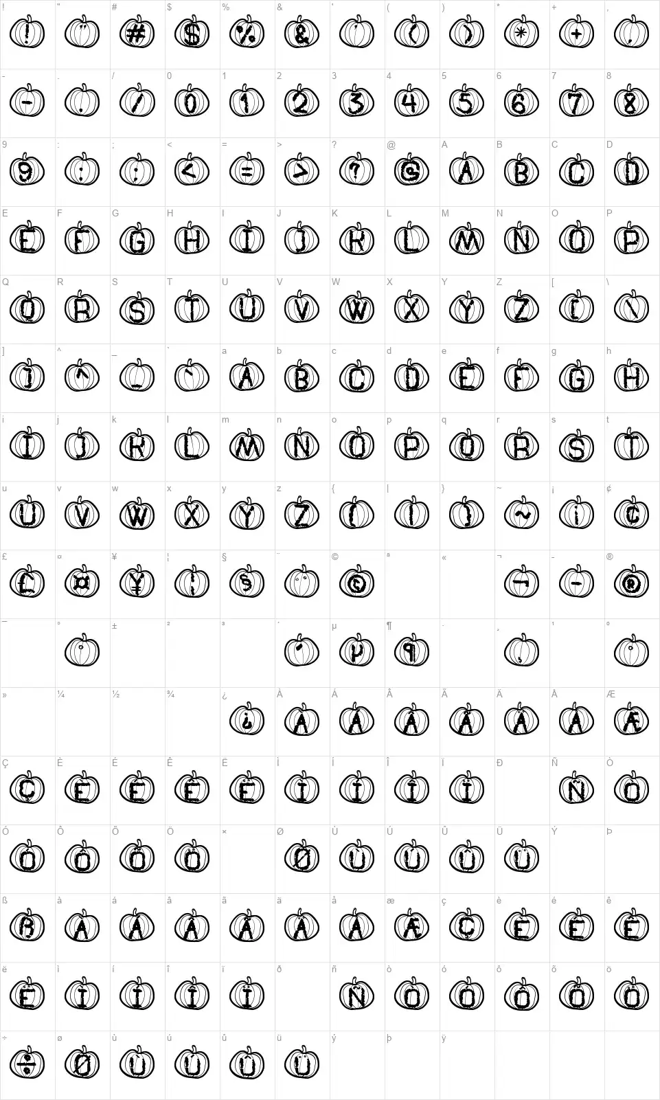 Pumpkin Halloween Stfont character map