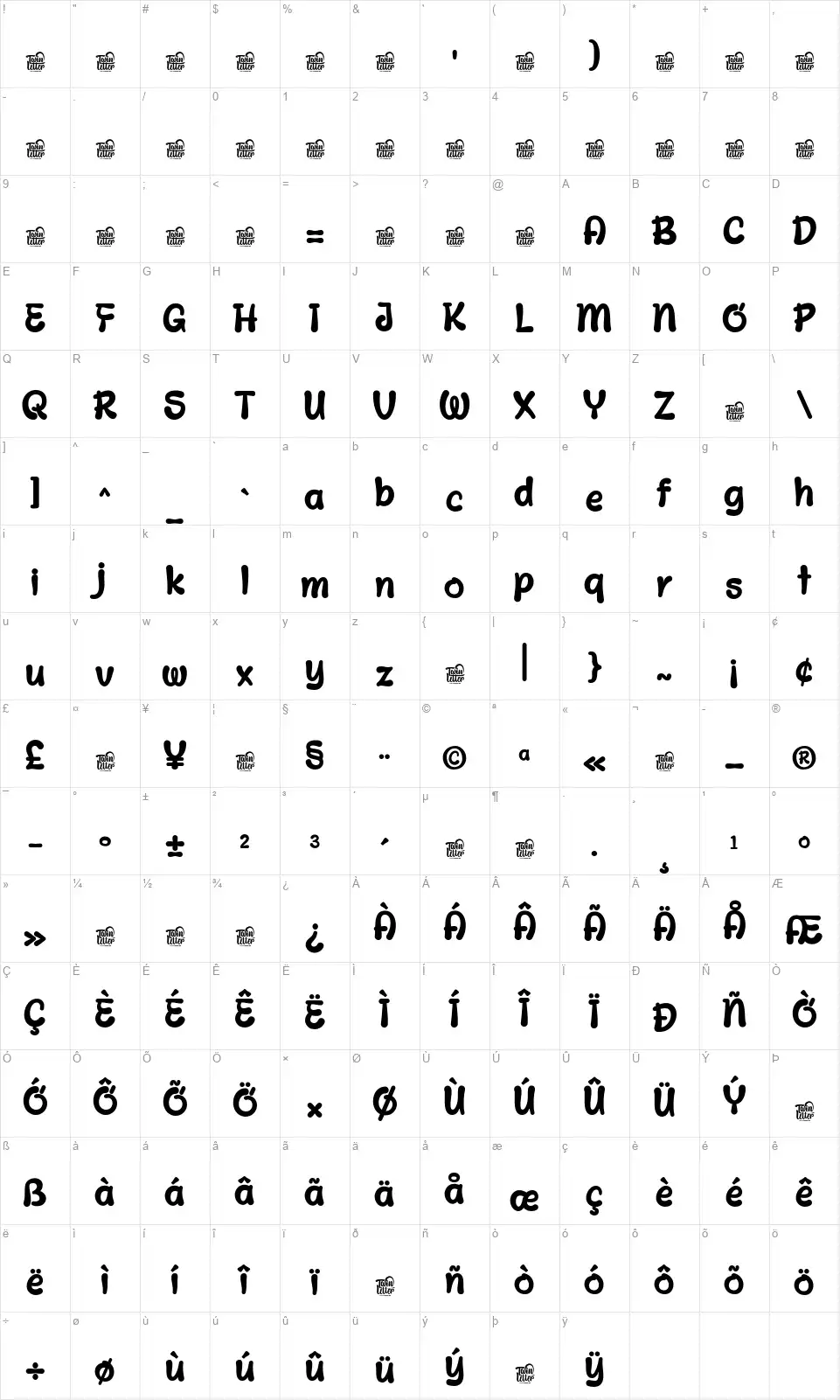 Qiro Nularfont character map