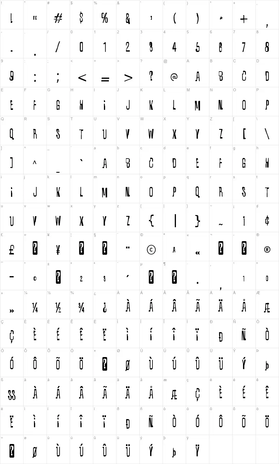 Quixotic-Regularfont character map