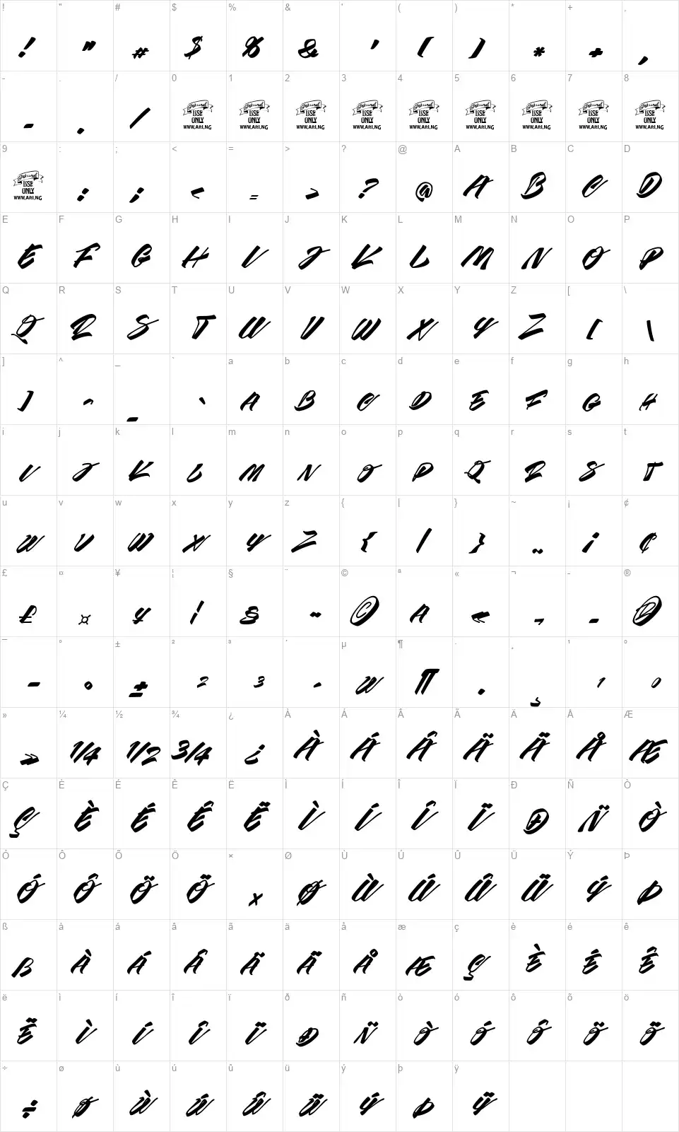 Race Fever Brushfont character map