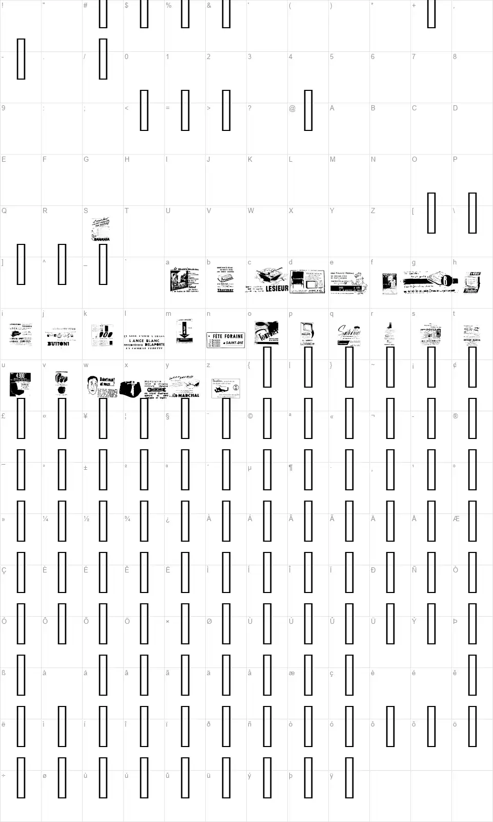 Reclamefont character map