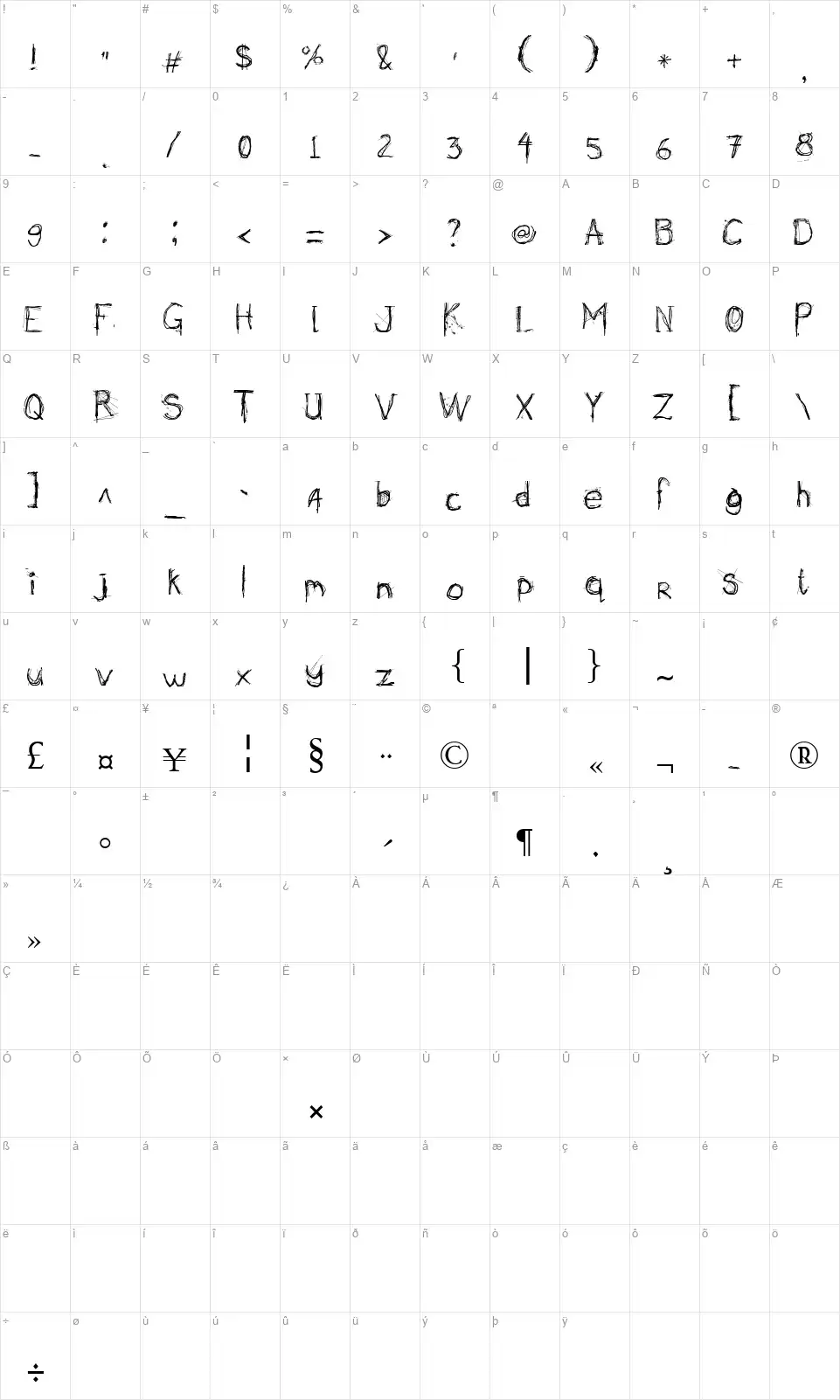 Secret Stickfont character map