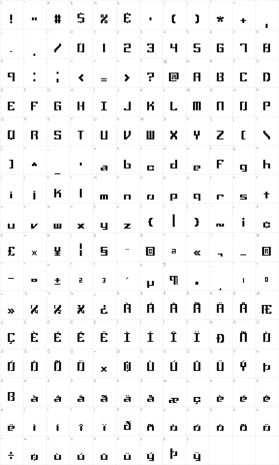 Setbackfont character map