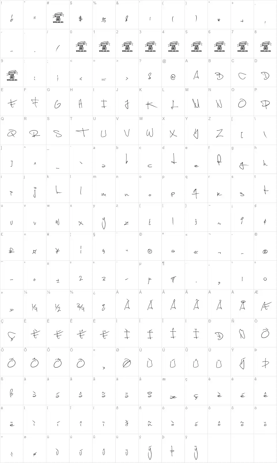 Shimes Onefont character map