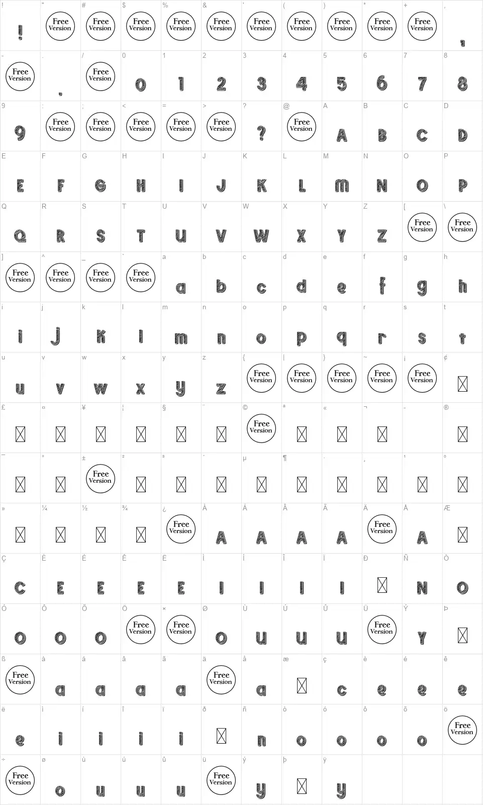 Sketchupfont character map