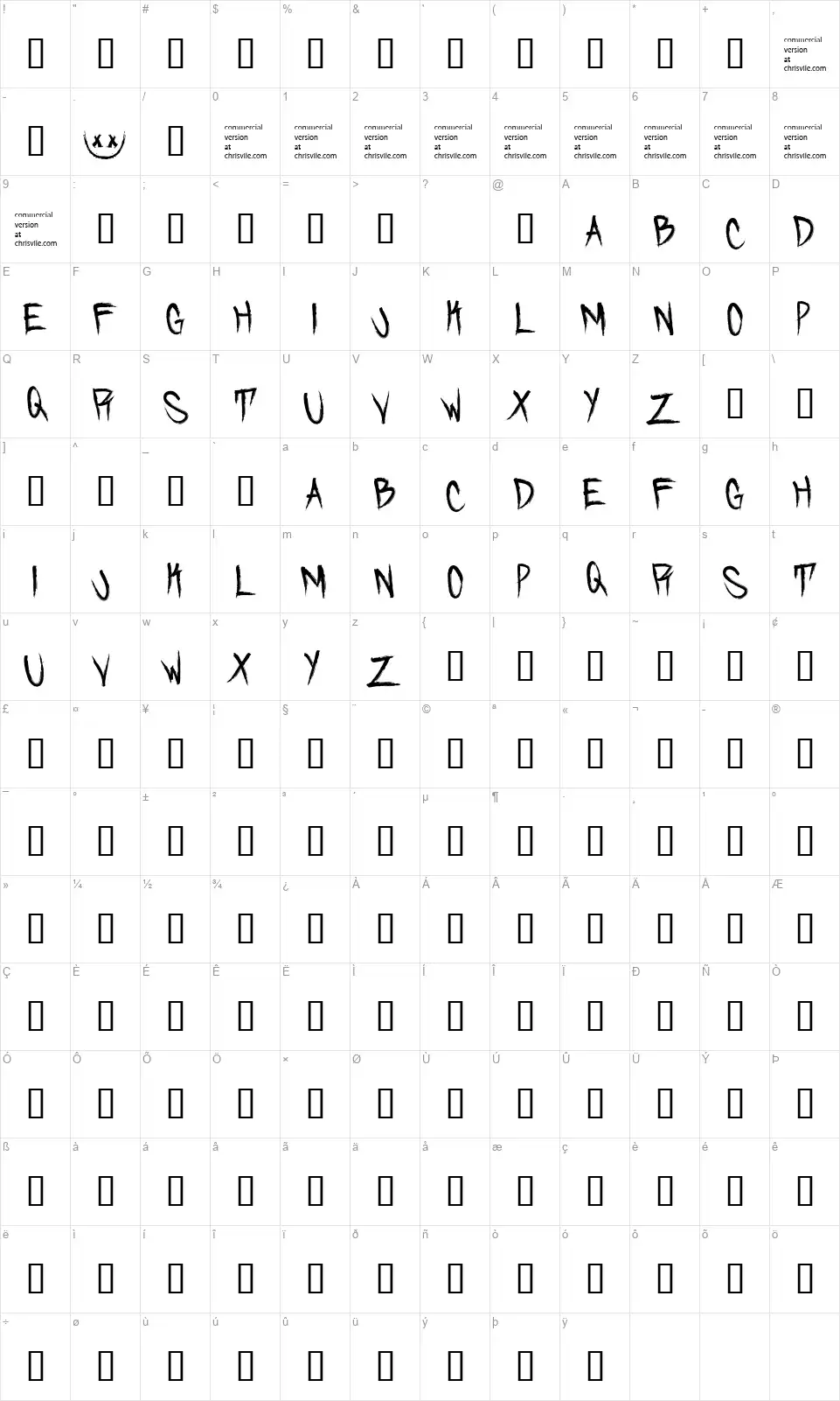 Skidmarkedfont character map