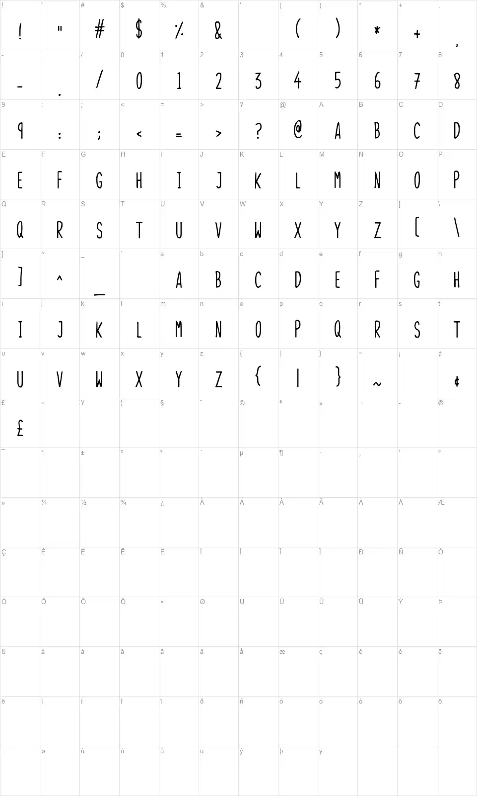 Skinny Thingsfont character map