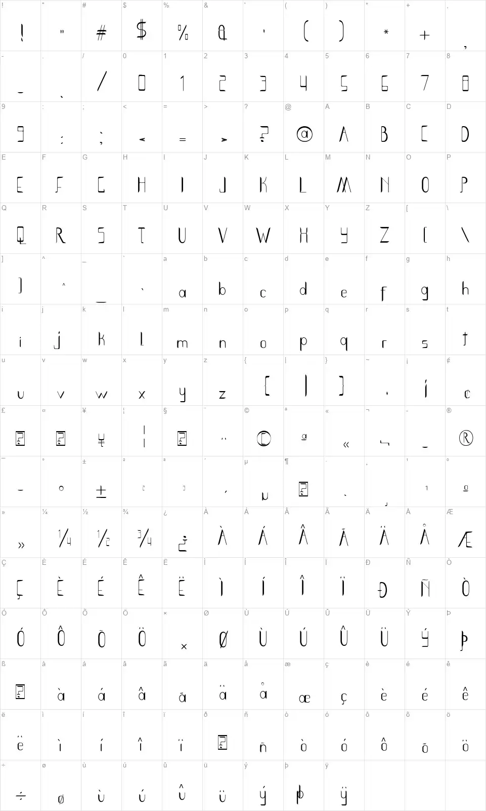 Smoth Bightfont character map