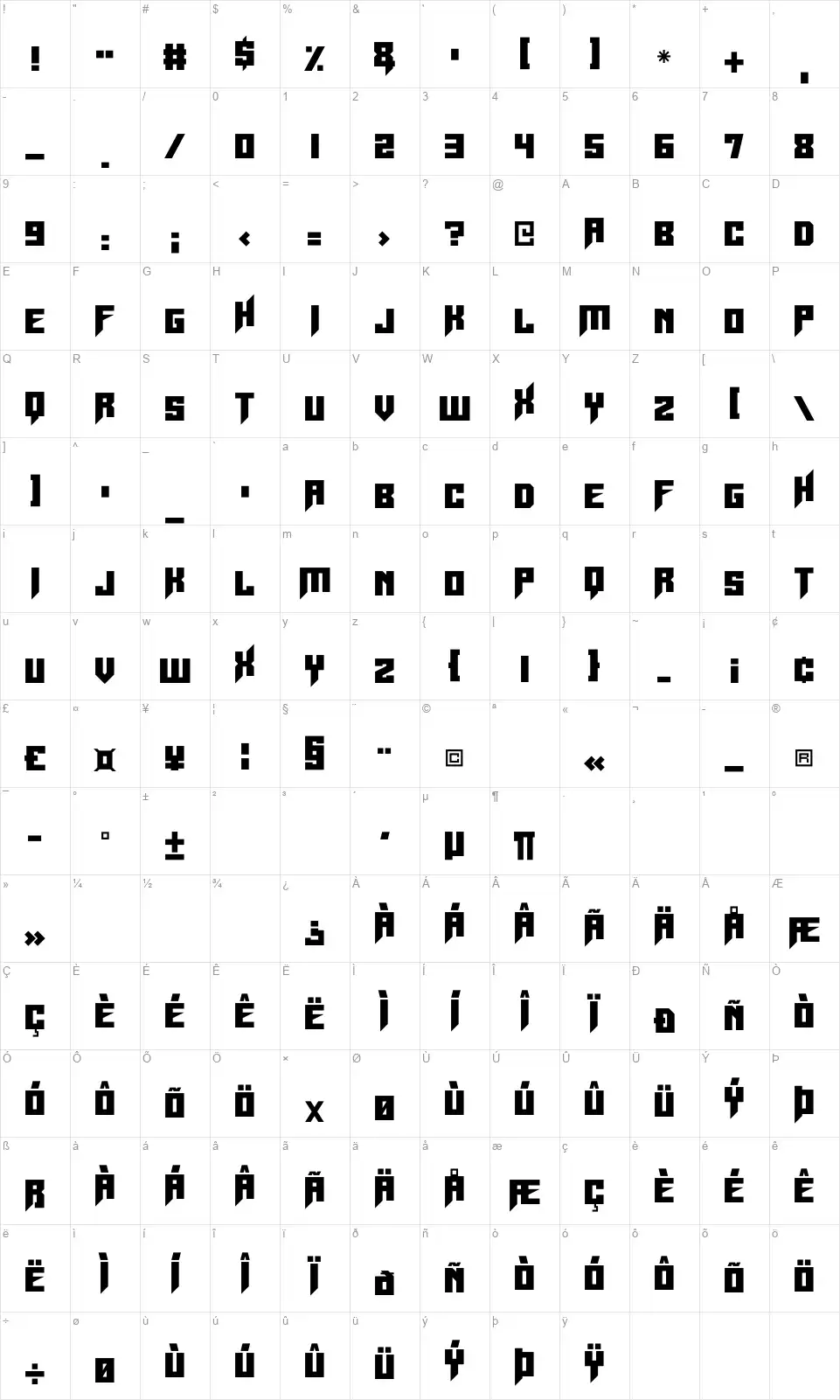 Space Shardsfont character map
