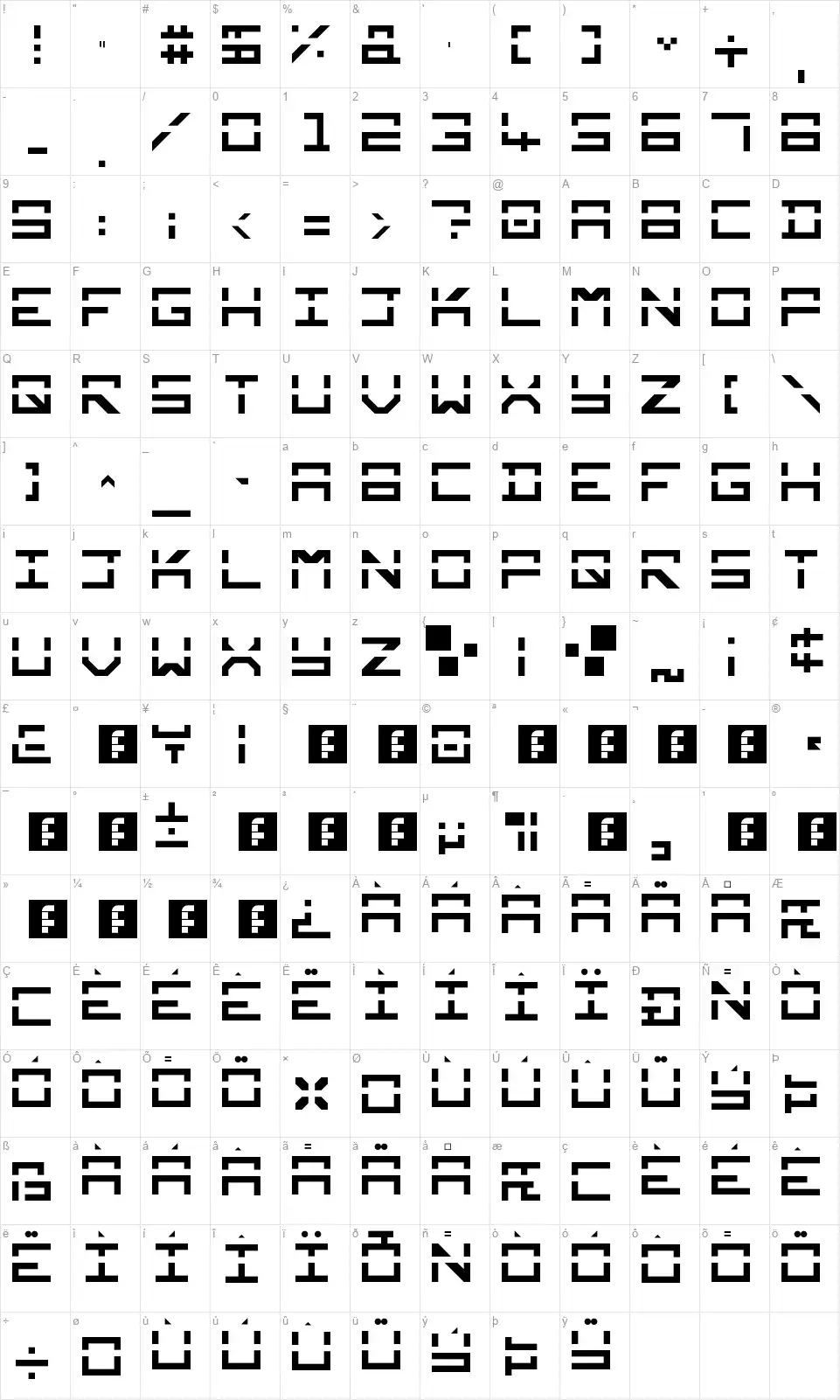 Square Milefont character map