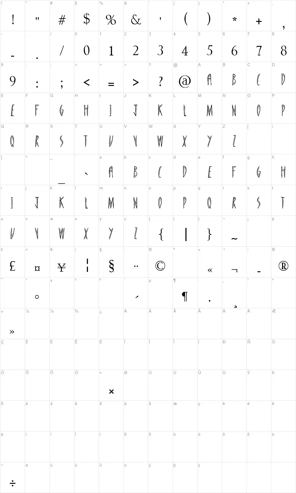 Standing Tallfont character map