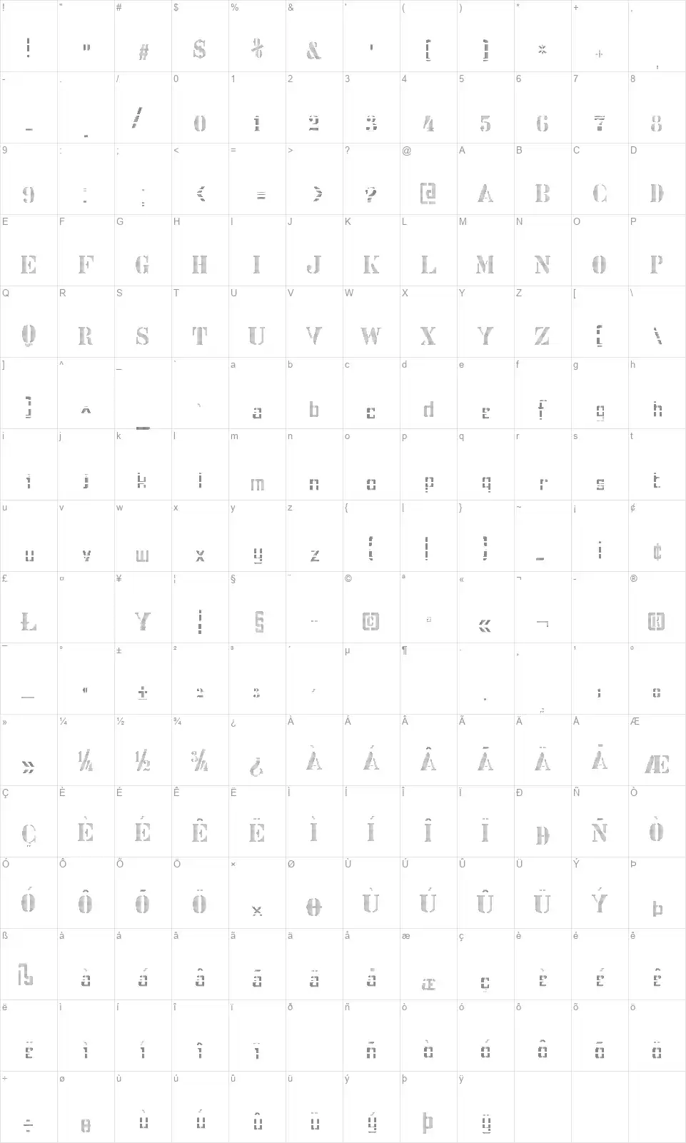 Stencixfont character map