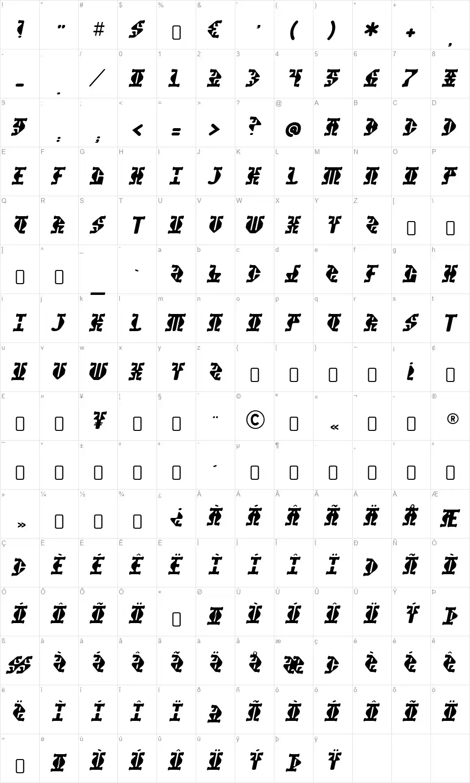 Stupefaction-Regularfont character map