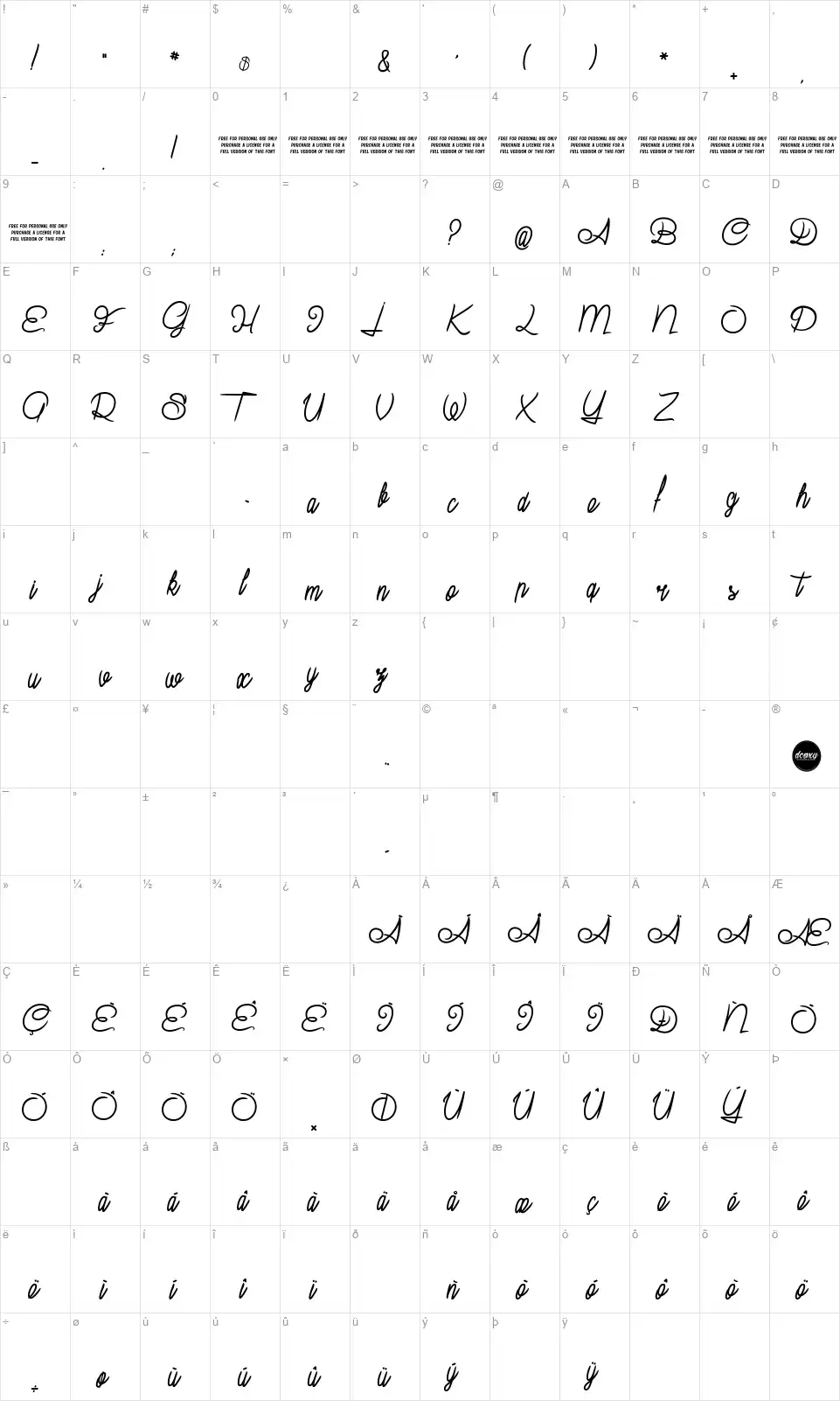 Suburban Pledgefont character map
