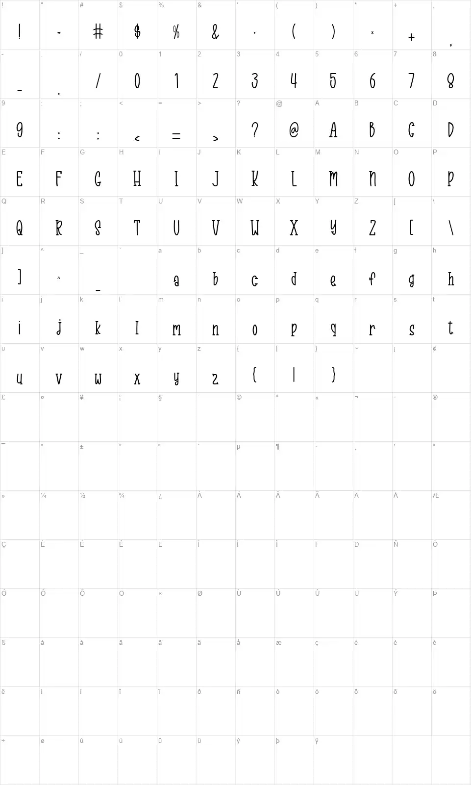 Sunday Specialfont character map