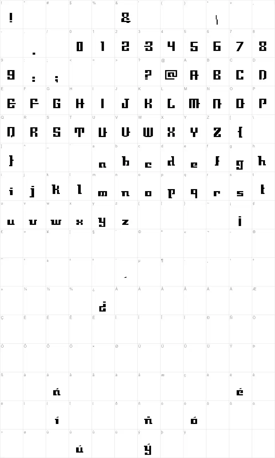 Tabonfont character map