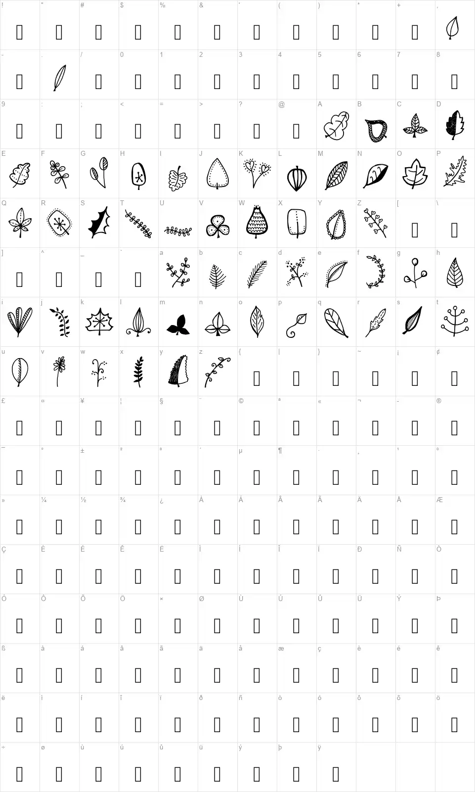 Tanaestel Doodle Leaves 01font character map