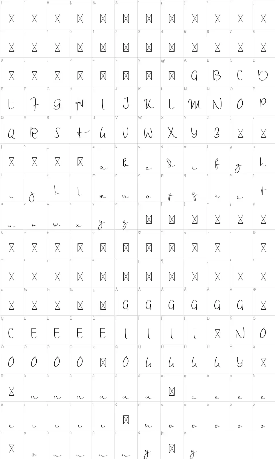 Thalia Hillary Scriptfont character map