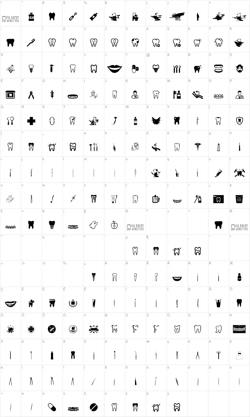 The Dentistfont character map
