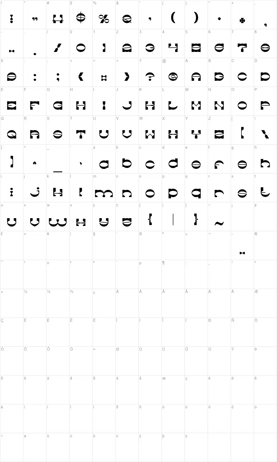 The Machine Gunfont character map