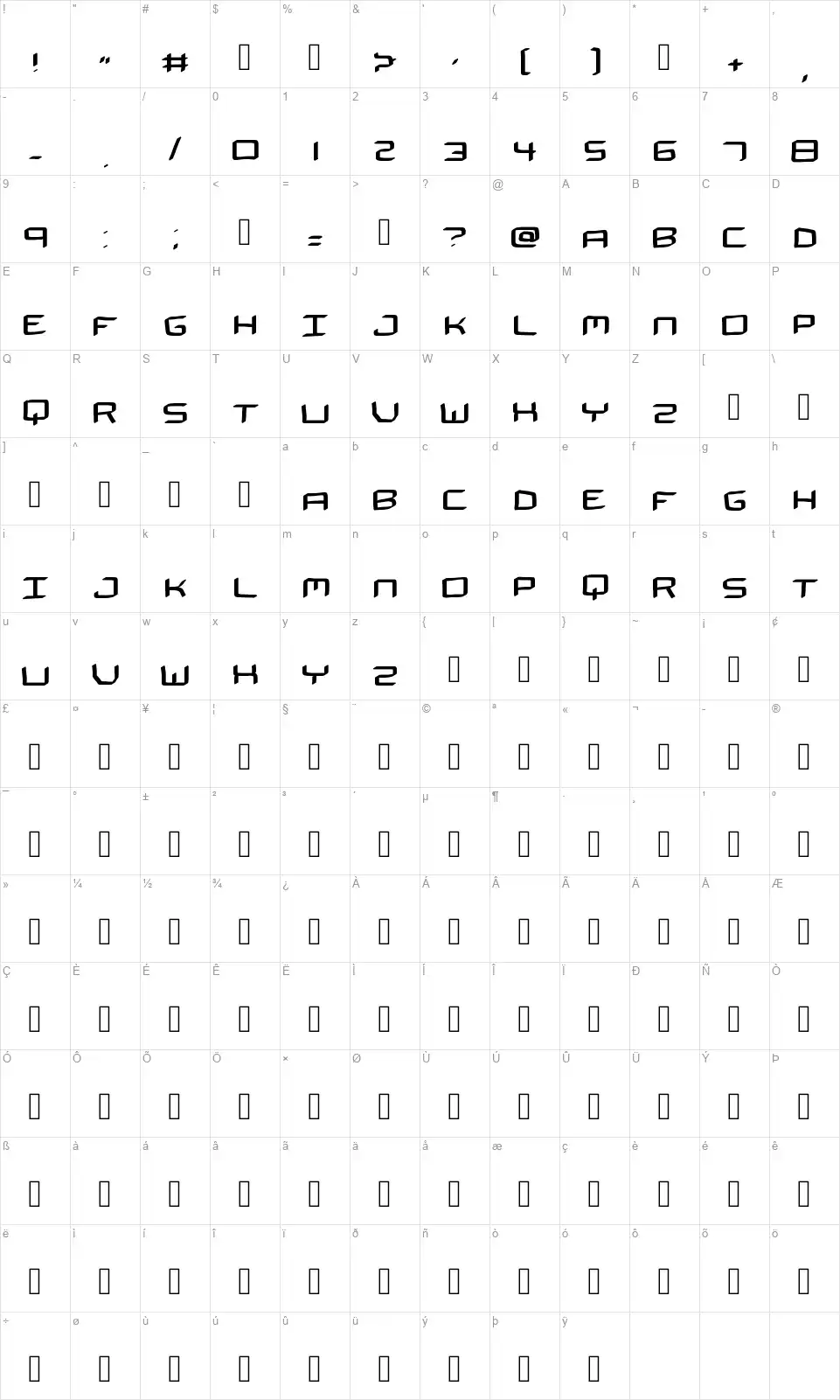 The Spacemanfont character map