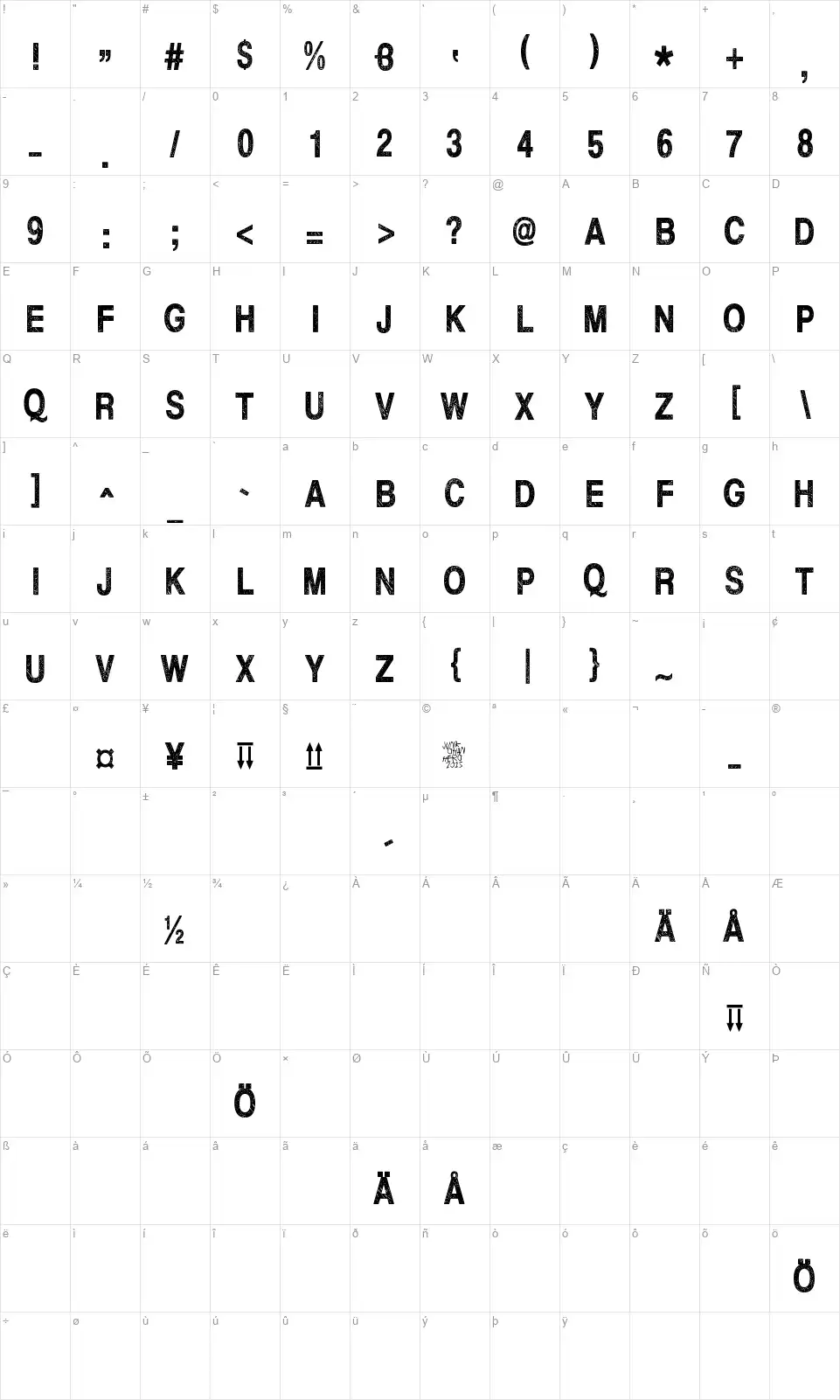 This side upfont character map