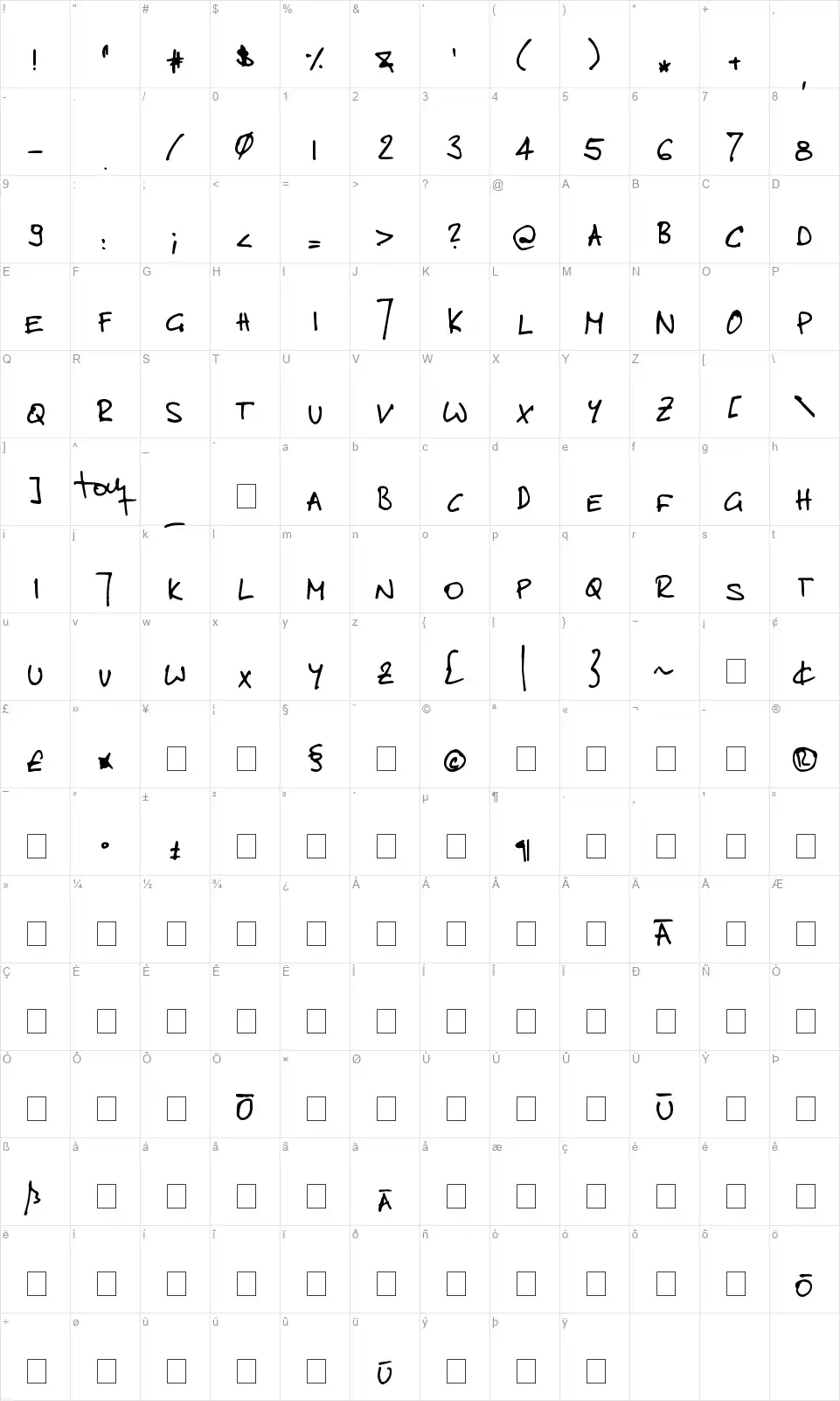 Toms Handwrittenfont character map