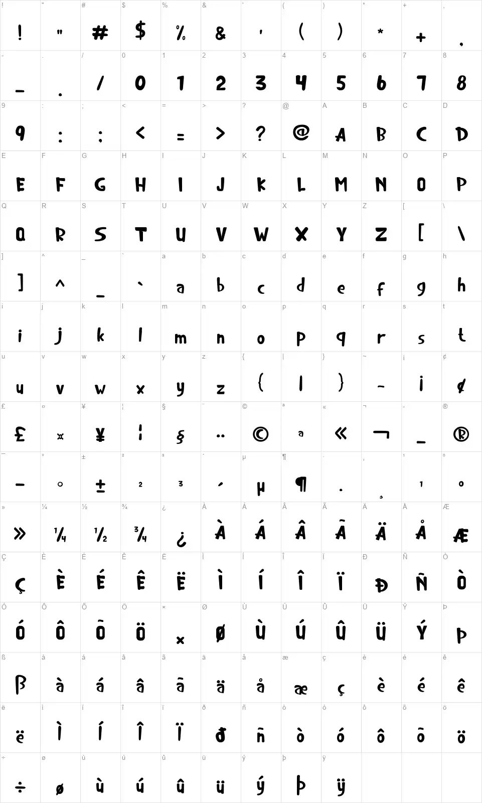 Treno is lovefont character map