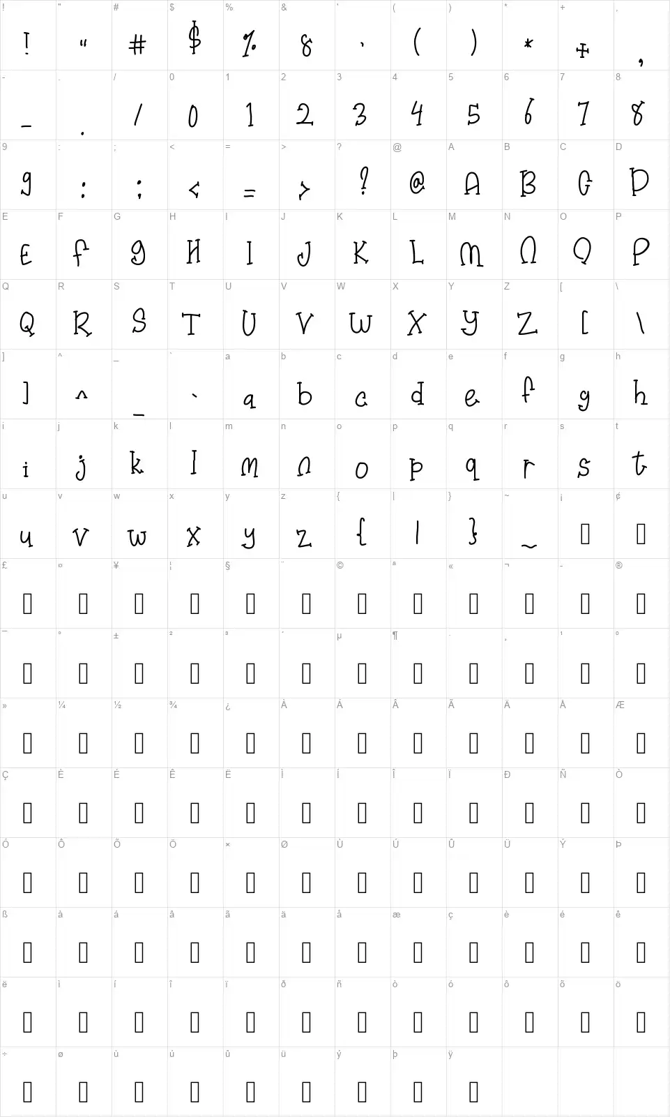 Ushsheupfont character map