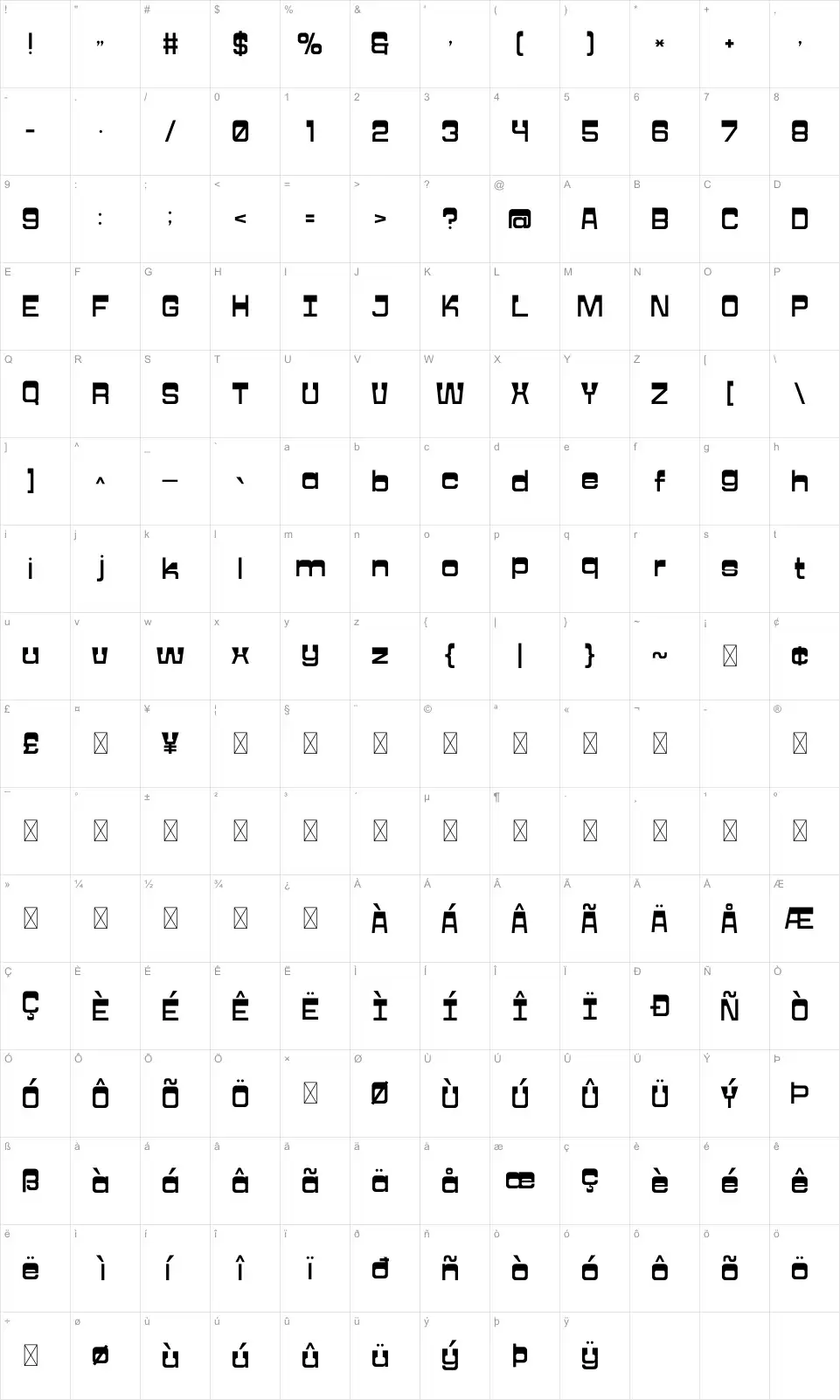 Venmozfont character map