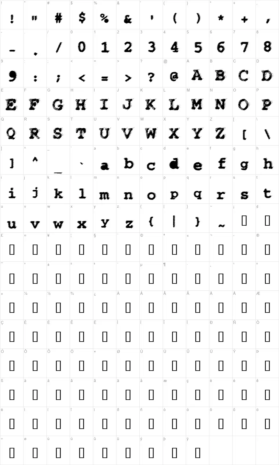 WBX Flackfont character map